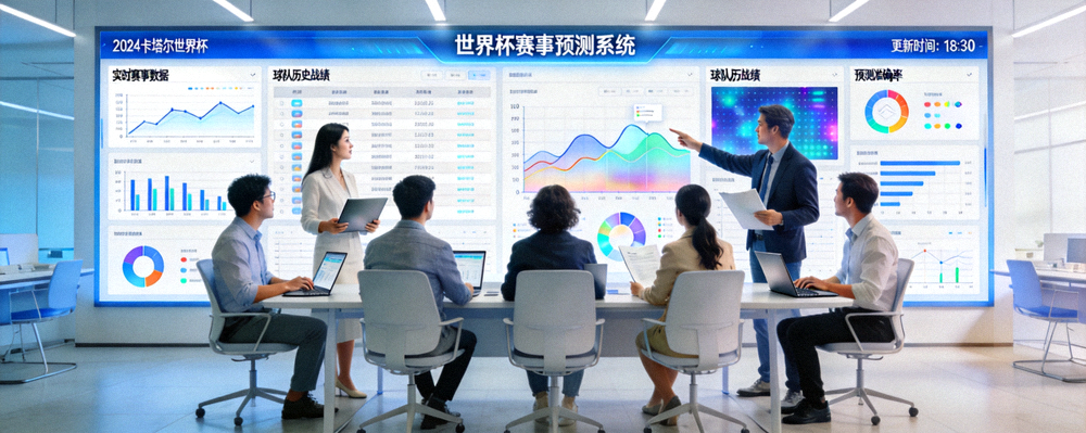 世界杯赛事预测网团队工作场景与数据分析大屏展示