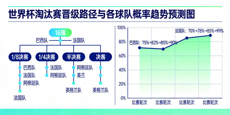 世界杯淘汰赛晋级路径与各球队概率趋势预测图